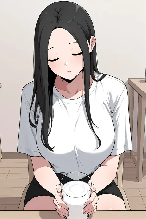yoo jae-kyung, long hair, large breasts, black hair, closed eyes, forehead, white loose shirt, very short black shorts, drinking a glass of milk,
Solo, general, masterpiece, highres, ultra-detailed, hyper-detailed, best quality, amazing quality, very a...