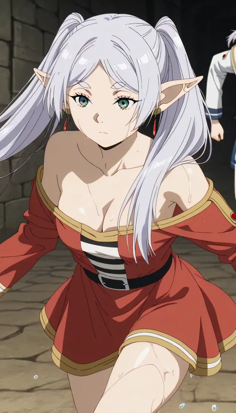 (((( masterpiece)))), ((((top quality)))), high resolution, fine grain, detailed face, wet, cosplay, collarbone, bare shoulders, off shoulder, cleavage, short dress, red dress, long sleeves, bare legs、 frieren, long hair, twintails, green eyes, grey hair, ...
