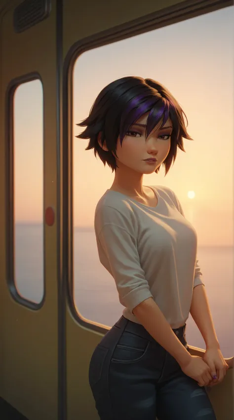 adult version of GoGo Tomago, That stands on a beautiful subway at sunset. warm golden light, that is reflected on the ocean. She has short black hair with purple highlights,