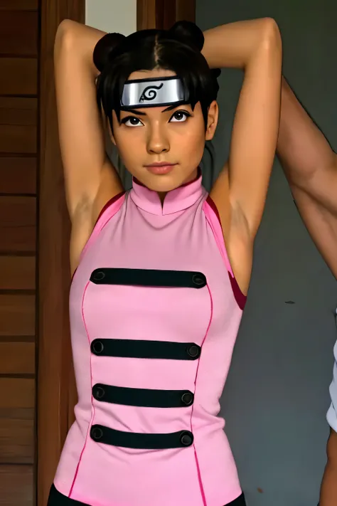 Tenten,human woman with fair skin and slight tan.with brown eyes and pink clothing. Her hair is long and brown in color; She is beautiful. Fair skin.Tsundere face. Pink eye shading,mature appearance,armpits,sweat,sweaty,sweaty armpits,arms up,showing armpi...