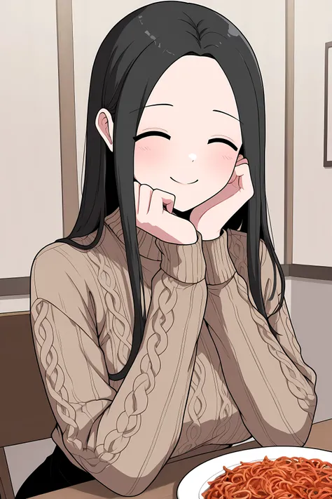 yoo jae-kyung, long hair, large breasts, black hair, closed eyes, forehead, brown knitted cute sweater, black skirt, having dinner, happy face,
Solo, general, masterpiece, highres, ultra-detailed, hyper-detailed, best quality, amazing quality, very aes...