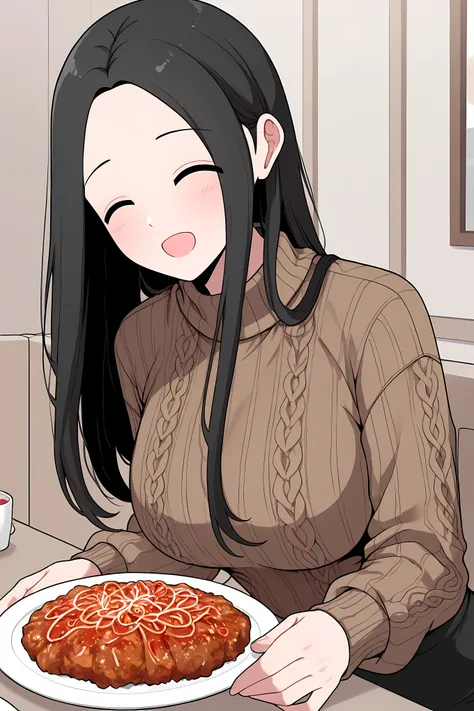 yoo jae-kyung, long hair, large breasts, black hair, closed eyes, forehead, brown knitted cute sweater, black skirt, having dinner, happy face,
Solo, general, masterpiece, highres, ultra-detailed, hyper-detailed, best quality, amazing quality, very aes...