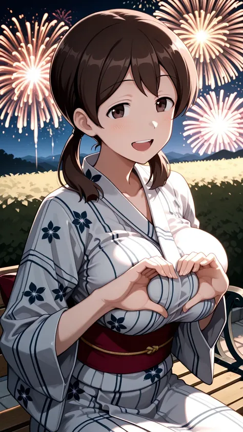 best quality,girlnao,brown eyes,brown hair,low twintails,large breasts,solo,Smile Yan,Open your mouth,yukata,Boob Challenge,Parks,bench,lawn, Fireworks,
