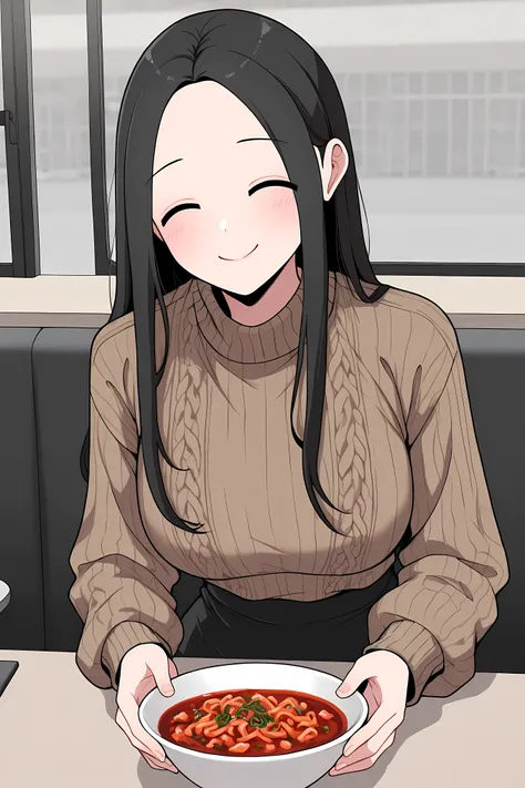 yoo jae-kyung, long hair, large breasts, black hair, closed eyes, forehead, brown knitted cute sweater, black skirt, having dinner, happy face,
Solo, general, masterpiece, highres, ultra-detailed, hyper-detailed, best quality, amazing quality, very aes...