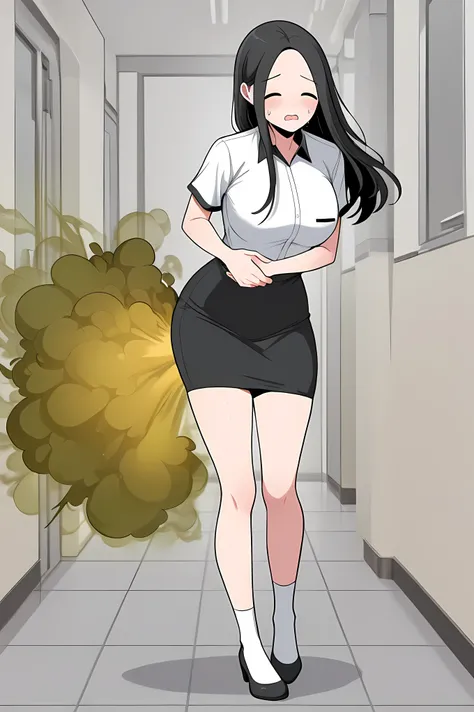 yoo jae-kyung, long hair, large breasts, black hair, closed eyes, forehead,,skirt, shirt, white shirt, short sleeves, collared shirt, black skirt, pencil skirt, office lady, white socks, black footwear, full body,
Solo, general, masterpiece, highres, ult...