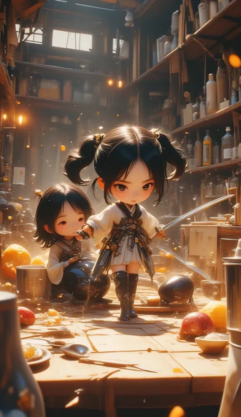 jiyeon_oc, A semi-realistic fantasy action scene featuring a tiny black-haired girl warrior with two short pigtails, no helmet, holding a small cute sword. She stands on a massive wooden kitchen table, Chibi girl. surrounded by oversized magical food items...