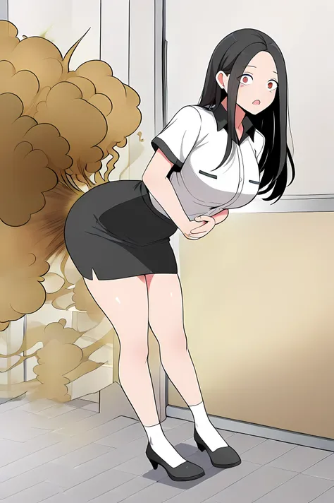 yoo jae-kyung, long hair, large breasts, black hair, red eyes, forehead,,,skirt, shirt, white shirt, short sleeves, collared shirt, black skirt, pencil skirt, office lady, white socks, black footwear, full body, surprised face,
Solo, general, masterpiece...