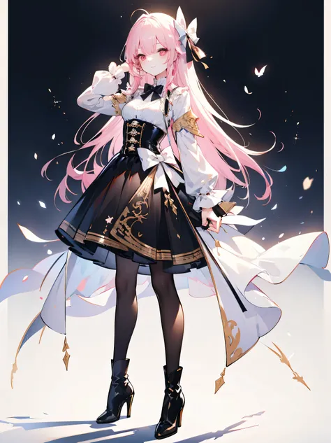 (masterpiece, Highest Quality, realに, work, very detailed, 8k), ((wide angle lens, Full Body female love)), 1 Girl，Light Makeup，Delicate appearance，smile，Full Body, old clothes, printed sash, white shirt, corset, long sleeve, collar, bow tie, black pantyho...