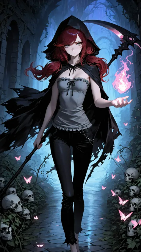 (masterpiece:1.5), (ultra detailed:1.4), (dark fantasy aesthetic), Kaylen, gray eyes, dark red hair, long hair in low twin tails with swept bangs, stoic expression, strapless sleeveless gray shirt with white frill trim, black trousers, tattered black cloak...