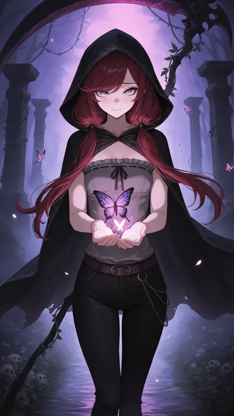 (masterpiece:1.5), (ultra detailed:1.4), (dark fantasy aesthetic), Kaylen, gray eyes, dark red hair, long hair in low twin tails with swept bangs, stoic expression, strapless sleeveless gray shirt with white frill trim, black trousers, tattered black cloak...