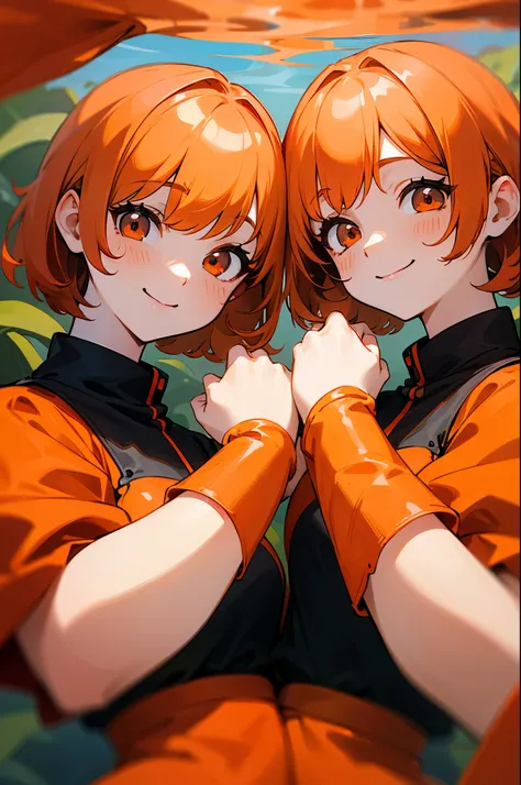 twin sisters、indistinguishable twins、orange hair、bob hair、red round eyes、Big Smiles、Orange Clothes、 black inner shirt 、upper body close-up、In the water、There is a family of shrimp all around her