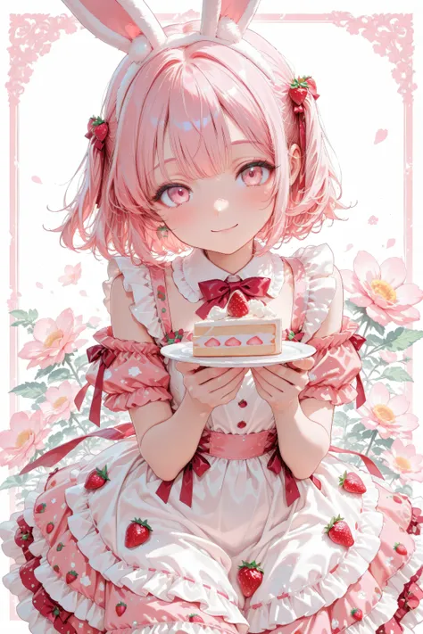 fluffy pink-haired little girl with white bunny ears, strawberry-themed frilly dress, small strawberry cake in hand, soft blush, pastel pink and white color palette, gentle smile, cute anime style