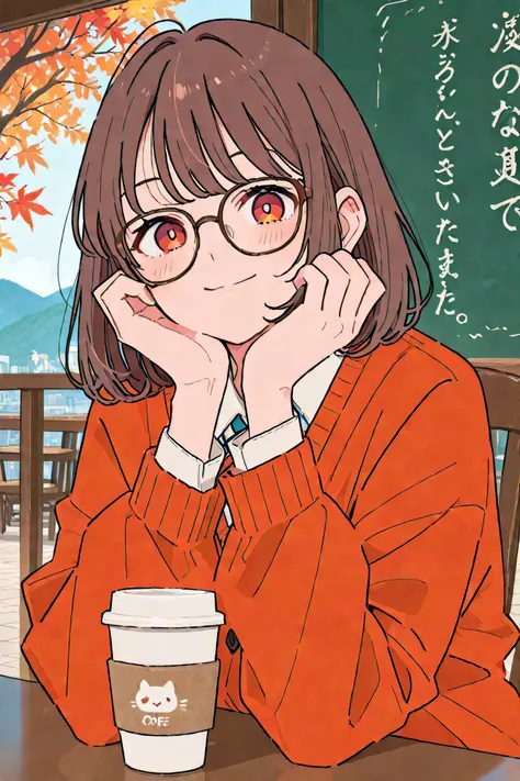 cafe、coffee、wearing autumn clothes from the front、look at me and smile、Angle looking at a woman in her 20s、wearing glasses、 stretchy 、背景はオシャレなcafe