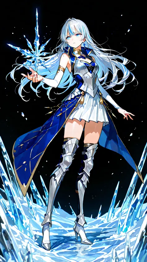 black background, 1girl, solo, masterpiece, female knight theme, beautiful woman with long silver hair, blue-streaked white hair, blue eyes and silky hair, hair down, white chest plate, wearing white knightly attire, long blue coatail, white skirt, decorat...