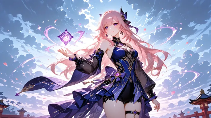 Magical girl, genshin impact style, cloudy sky, hip, glow magic