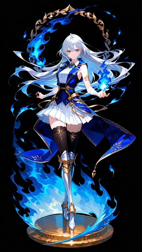 black background, 1girl, solo, masterpiece, female knight theme, beautiful woman with long silver hair, blue-streak on her hair, blue eyes and silky hair, hair down, white chest plate, wearing white knightly attire, long blue coatail, white skirt, decorate...