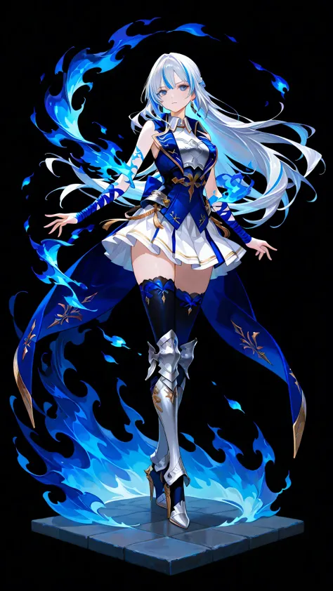 black background, 1girl, solo, masterpiece, female knight theme, beautiful woman with long silver hair, blue-streaked white hair, blue eyes and silky hair, long hair down, half up half down braid, white chest plate, wearing blue knightly attire, long blue ...