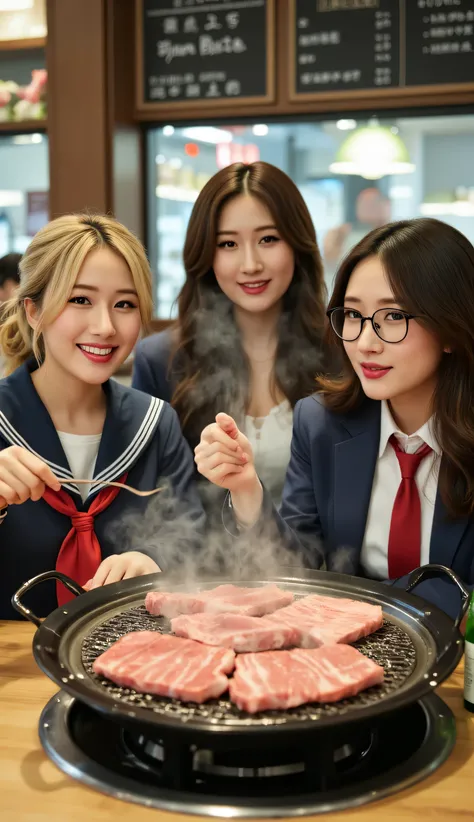 (a group of 3 female high school students eating samgyeopsal grilled with charcoal-grilled shichirin on a table at a Korean yakiniku restaurant:1.2), (a popular yakiniku restaurant with many customers、and a menu table written in Hangul letters is attached ...