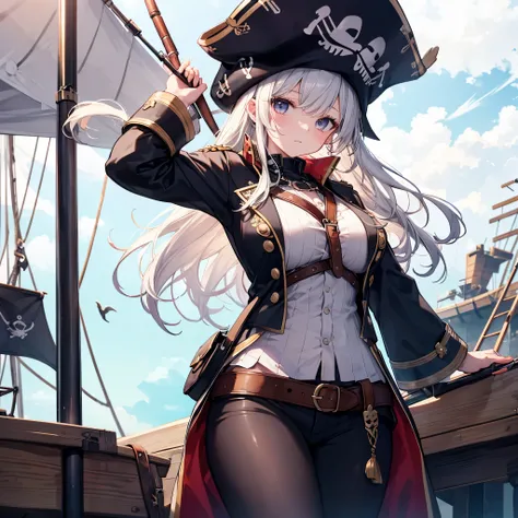 huge pirate ship, young girl pirate boss standing on deck holding a single-shot gun in her hand, Pirate Hat, pirate flag, 
Holding a single-shot gun in his hand, holding a single-shot gun in his hand, 
dutch angle, bright color, Clear focus, Large Scale, 
...