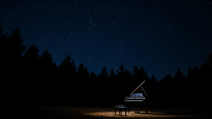 A realistic night photograph of a black grand piano placed in a quiet forest clearing under a clear November starry sky. Sparse conifer trees frame the scene, their silhouettes allowing countless stars to shine through the gaps. The piano reflects faint st...