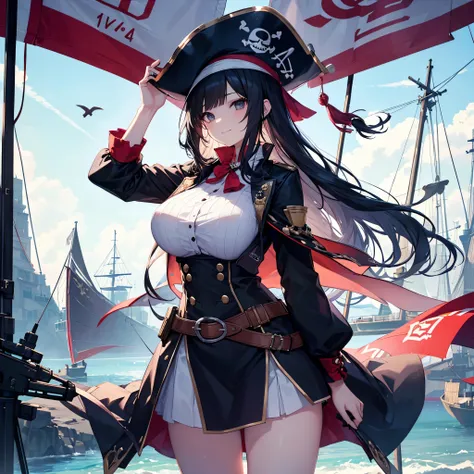 huge pirate ship, 甲板に立つ若いgirlsの海賊ボス, Pirate Hat, pirate flag, 
Holding a single-shot gun in his hand, holding a single-shot gun in his hand, 
dutch angle, bright color, Clear focus, Large Scale, 
Highest Quality, masterpiece, ultra high definition, very de...