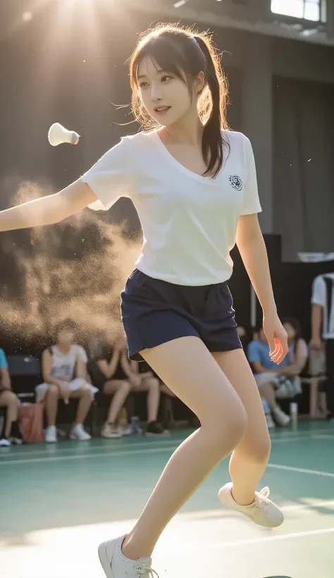 {
  "title": "Shuttle of Youth",
  "theme": "部活動：バドミントン部",
  "character": {
    "outfit": "white and navy athletic uniform",
    "hair": "ponytail bouncing mid-jump",
    "expression": "focused, then relieved and joyful"
  },
  "lighting": "bright, warm su...