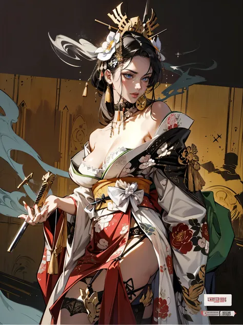 (absurdres, highres, super high resolution), with swords is trending at Art Station and Pixive, (solo), (1girl:1.5), ((white background))), ((( visible chest bone ))), (((Big breasts))), side slit skirt, Chinese Three Kingdoms dress costume, Hair Metal Orn...
