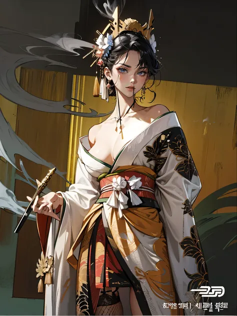 (absurdres, highres, super high resolution), with swords is trending at Art Station and Pixive, (solo), (1girl:1.5), ((white background))), ((( visible chest bone ))), (((Big breasts))), side slit skirt, Chinese Three Kingdoms dress costume, Hair Metal Orn...