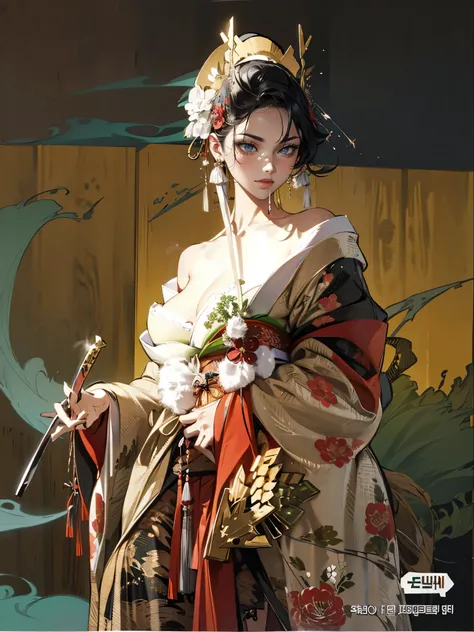 (absurdres, highres, super high resolution), with swords is trending at Art Station and Pixive, (solo), (1girl:1.5), ((white background))), ((( visible chest bone ))), (((Big breasts))), side slit skirt, Chinese Three Kingdoms dress costume, Hair Metal Orn...