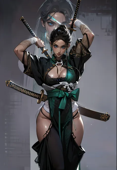 (absurdres, highres, super high resolution), with swords is trending at Art Station and Pixive, (solo), (1girl:1.5), ((white background))), ((( visible chest bone ))), (((Big breasts))), side slit skirt, Chinese Three Kingdoms dress costume, ((mesh)), Samu...