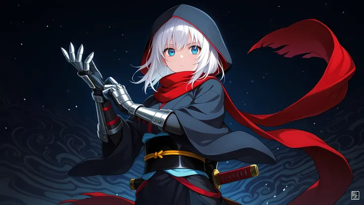 anime, 1girl, solo, ninja, obi, japanese clothes, head covering, armored gloves, adjusting gloves, blade gloves, mask, hood, white hair, medium hair, dark background with light focus, fantastic background, blue eyes, red scarf, weapon in waist,
