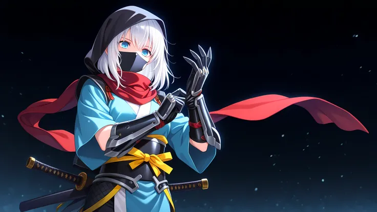 anime, 1girl, solo, ninja, obi, japanese clothes, head covering, armored gloves, adjusting gloves, blade gloves, mouth mask, hood, white hair, medium hair, dark background with light focus, fantastic background, blue eyes, red scarf, weapon in waist,