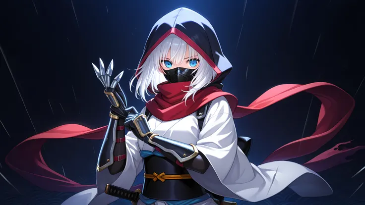 anime, 1girl, solo, ninja, obi, japanese clothes, head covering, armored gloves, adjusting gloves, blade gloves, mouth mask, hood, white hair, medium hair, dark background with light focus, fantastic background, blue eyes, red scarf, weapon in waist,