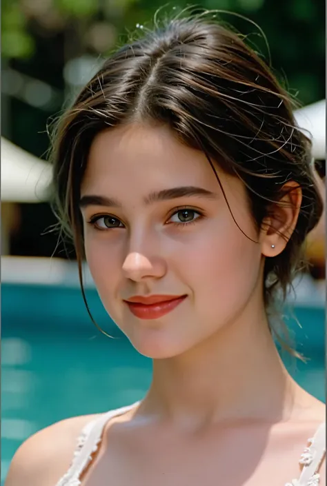 European Girl, Jennifer Connelly, At 17 , A clean face full of transparency, no makeup, Fair skin, Light-colored eyes, glossy dark hair, Gentle smile、Classy little mouth、