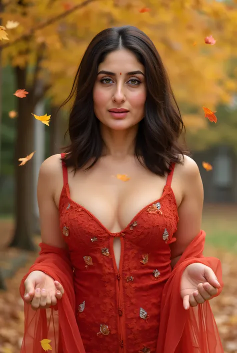 (Kareena Kapoor, beautiful young teenage girl, beauty of an IDOL), Tampilan Full Body, wearing a sexy autumn costume, auto customized hairstyle model, straight medium dark hair, suasana musim gugur, garden with autumn leafy trees whose leaves are falling, ...