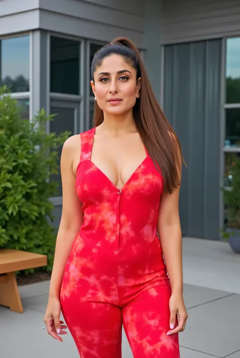 Kareena Kapoor, a Latina woman with long, straight brown hair styled in a high ponytail. She wears a tight, red tie-dye jumpsuit with a plunging neckline, accentuating her large breasts and hourglass figure. Her makeup is glamorous, with bold eyeliner and ...