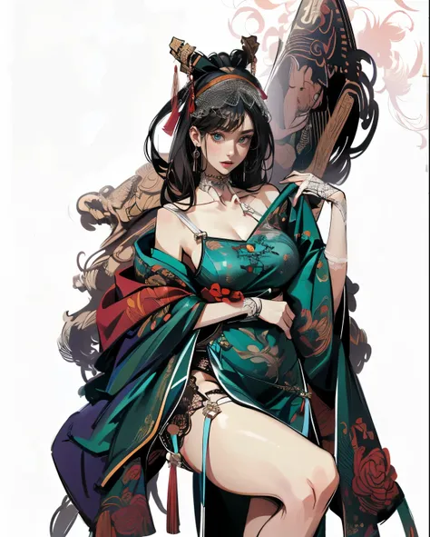 (absurdres, highres, super high resolution), trending at Art Station and Pixive, (solo), (1girl:1.5), ((white background))), ((( visible chest bone ))), (((Big breasts))), side slit skirt, Chinese Three Kingdoms dress costume, ((mesh)), Samurai girl, ling...