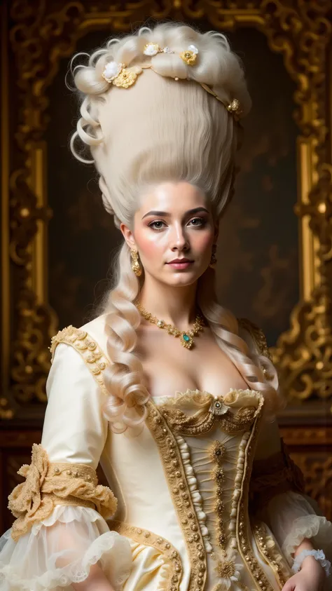 wearing a rococo dress and a white rococo wig、cinematic 18k film still、detailed close-up photo portrait from a photo shoot, The background is a rococo interior, Bokeh, of a woman posing <Lola:HAROQUE2FLUX-000001:0.9>young and beautiful Marie Antoinette、18t...
