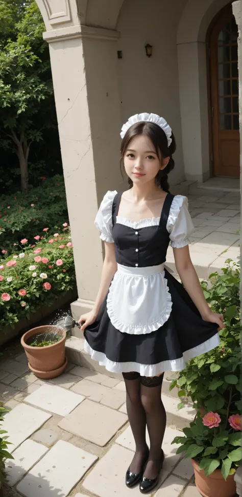 1 Girl、maids,Look at the audience,(skinny:0.64),(younger:0.60),from above,lean forward,(big boobs:-0.38),is watering flowers outside the mansion,japanese,(Smile Yang:0.24),black lace stockings