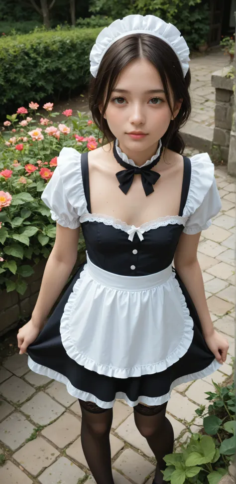 1 Girl、maids,Look at the audience,(skinny:0.64),(younger:0.60),from above,lean forward,(big boobs:-0.38),is watering flowers outside the mansion,japanese,(Smile Yang:0.24),black lace stockings
