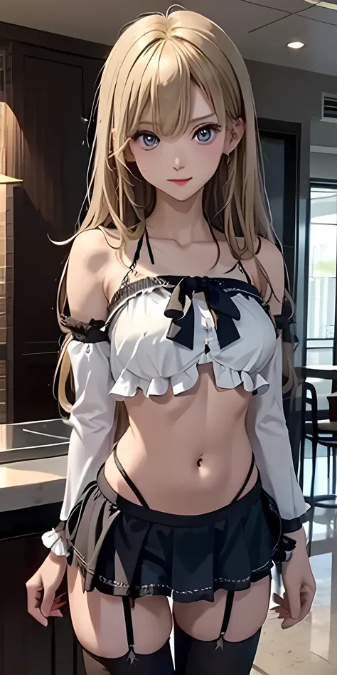  standing in a sexy pose、belly button、shoulder、troubled expression、Skinny Full Nude、slender body、（Low rise ultra mini ruffle bikini with high school girl uniform design :1.4） 、（yellow frill  ）、 garter belt 、Pay attention to the high school girl uniform des...