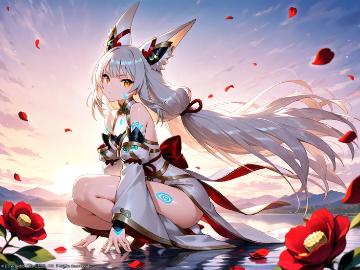 ,Blade Nia, masterpiece, porcelain skin ((Maximum quality and detail)), fighting a dragon over a lake full of camellia petals at dusk