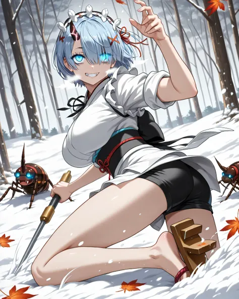 ((言語: 日本語、英語)、(Masterpiece), (Highest Quality), (High Score), (High Resolution),(4k),Uncensored,),
(masterpiece, best quality, very aesthetic),
(ファンタジー、中世の日本、(冬)、(夕方)、(屋外)、1girl,,solo,),
(,(Battle Scene),(Forest, giant trees, grass),(wind, swirling leaves...