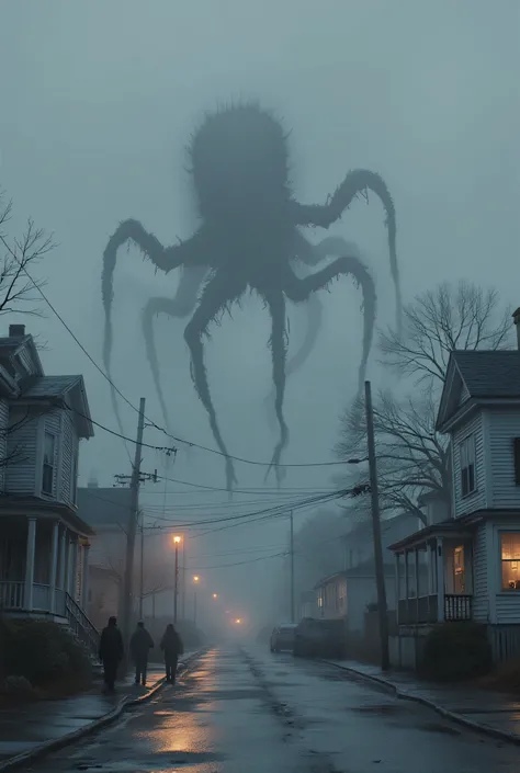 A small New England coastal town at twilight being consumed by an encroaching fog that contains shadowy, elongated figures with too many limbs. Reality itself seems to be unraveling at the edges, buildings twisting and melting where the fog touches them. R...