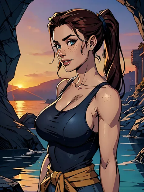 Melhor qualidade, obra de arte, (realista: 1.2) Close up of a thin and athletic woman (Lara Croft), 25 anos, 16k (( high definition )), sorriso lindo, olhar sedutor ((looking at the viewer)), olhos castanhos, wearing a fitted petrol blue tank top (( decote...