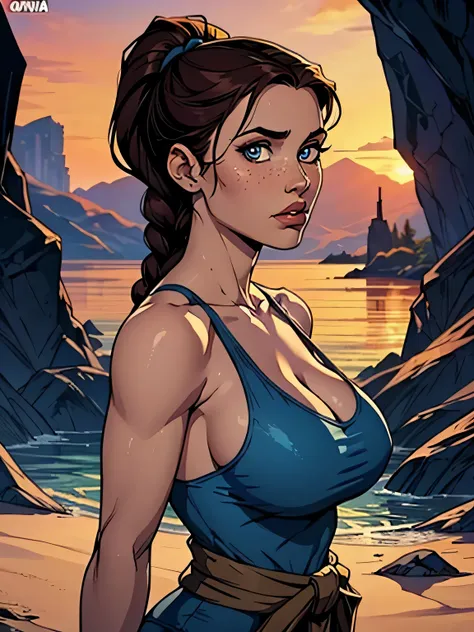 Melhor qualidade, obra de arte, (realista: 1.2) Close up of a thin and athletic woman (Lara Croft), 25 anos, 16k (( high definition )), semblante pensativo, olhar sedutor ((looking at the viewer)), olhos castanhos, wearing a fitted petrol blue regatta (( d...