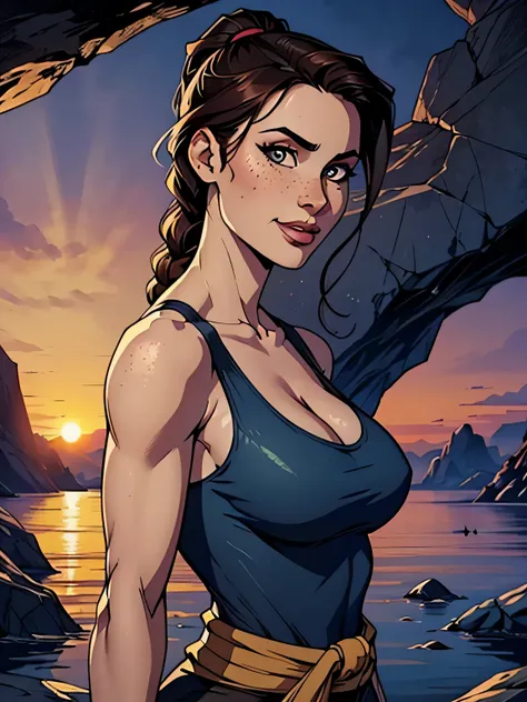 Melhor qualidade, obra de arte, (realista: 1.2) Close up of a thin and athletic woman (Lara Croft), 25 anos, 16k (( high definition )), sorriso lindo, olhar sedutor ((looking at the viewer)), olhos castanhos, wearing a fitted petrol blue tank top (( decote...