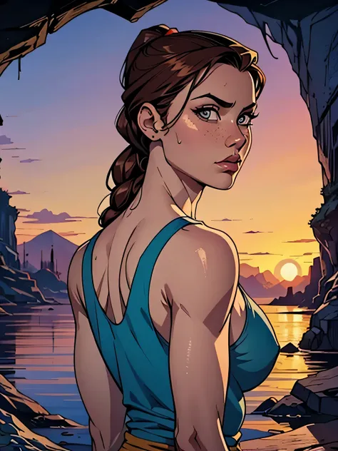 Melhor qualidade, obra de arte, (realista: 1.2) Close up of a thin and athletic woman (Lara Croft), 25 anos, 16k (( high definition )), looking serious, olhar sedutor ((looking at the viewer)), olhos castanhos, wearing a fitted petrol blue tank top (( dec...