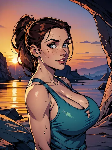 Melhor qualidade, obra de arte, (realista: 1.2) Close up of a thin and athletic woman (Lara Croft), 25 anos, 16k (( high definition )), sorriso suspirante, olhar sedutor ((looking at the viewer)), olhos castanhos, wearing a fitted petrol blue tank top (( d...