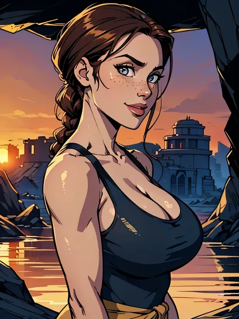 Melhor qualidade, obra de arte, (realista: 1.2) Close up of a thin and athletic woman (Lara Croft), 25 anos, 16k (( high definition )), sorriso suspirante, olhar sedutor ((looking at the viewer)), olhos castanhos, wearing a fitted petrol blue tank top (( d...